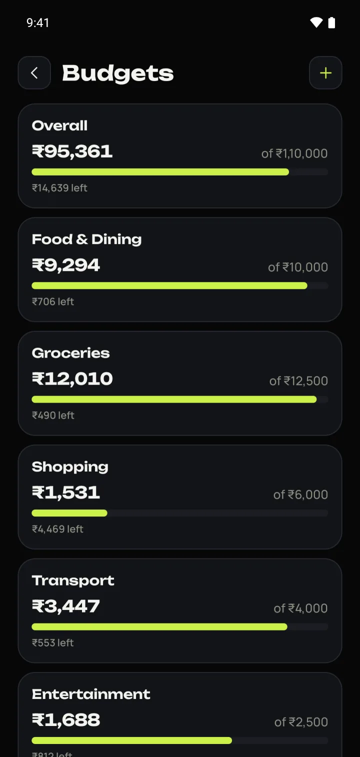 Budgets screen with category progress bars
