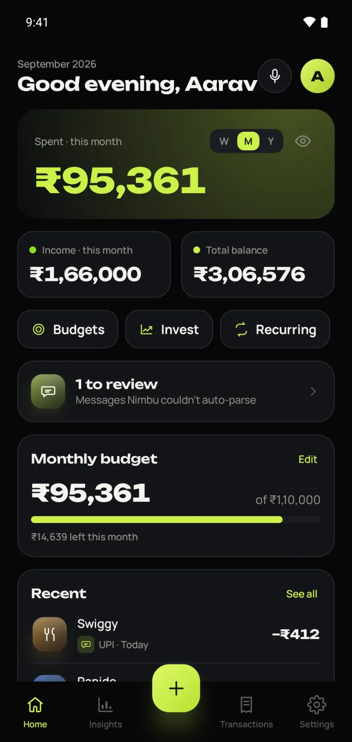 Home screen showing money spent this month, income, balance and recent transactions