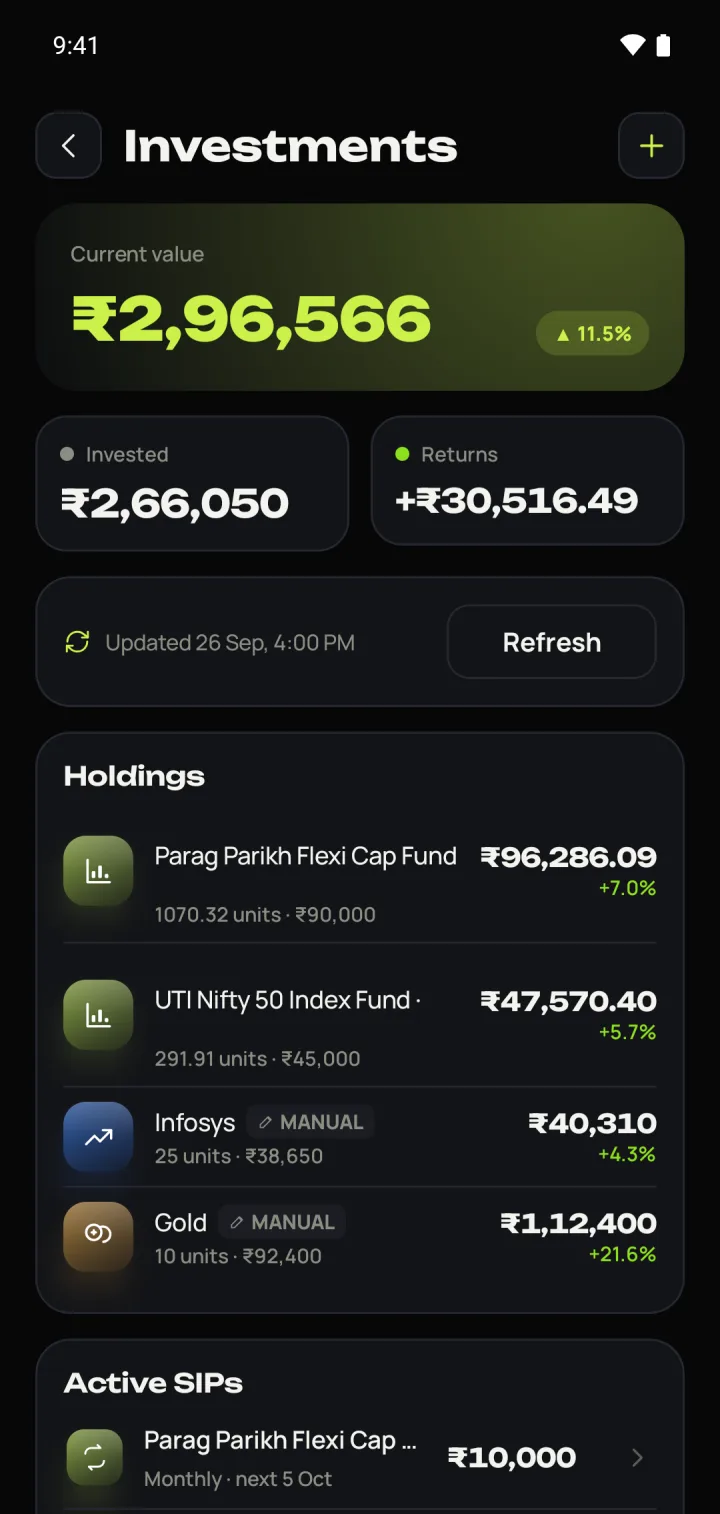 Investments screen with portfolio value and holdings