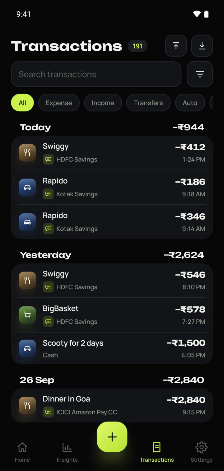 Transactions list grouped by day with SMS badges