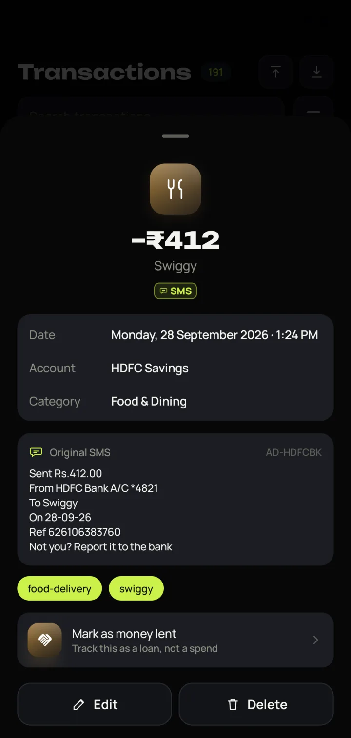 Transaction detail showing the original bank SMS